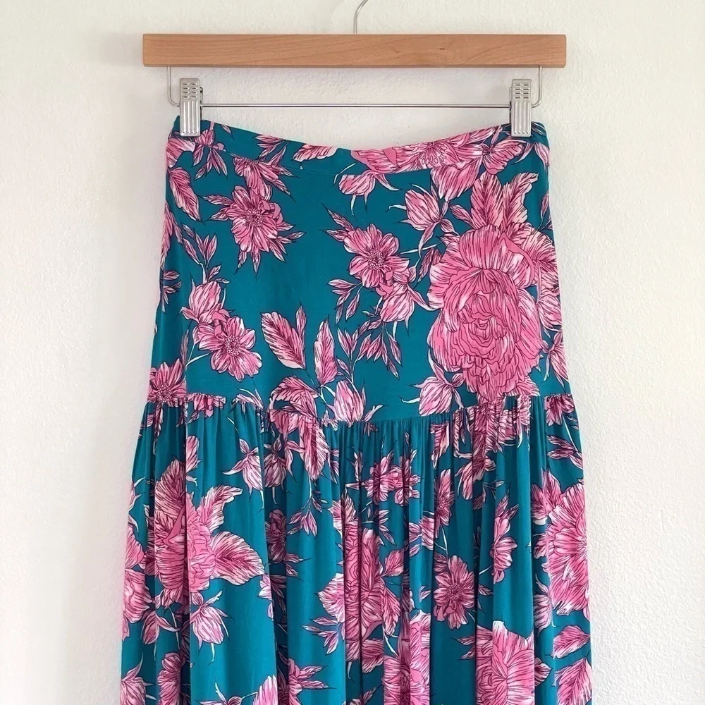 Abel The Label Bonnie Floral Boho Yoke Maxi Skirt Teal Pink Large